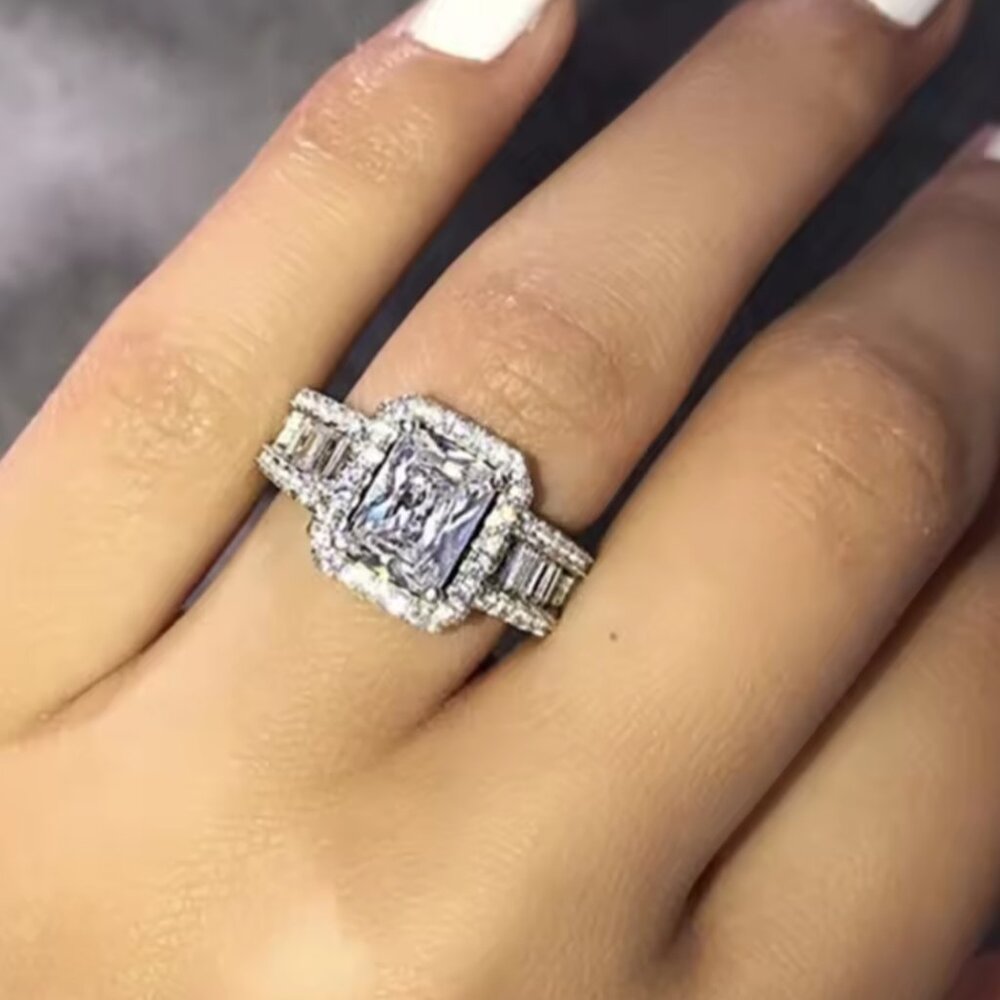 SILVER RADIANT CUT DIAMOND ENGAGEMENT RING - Picture 2 of 3